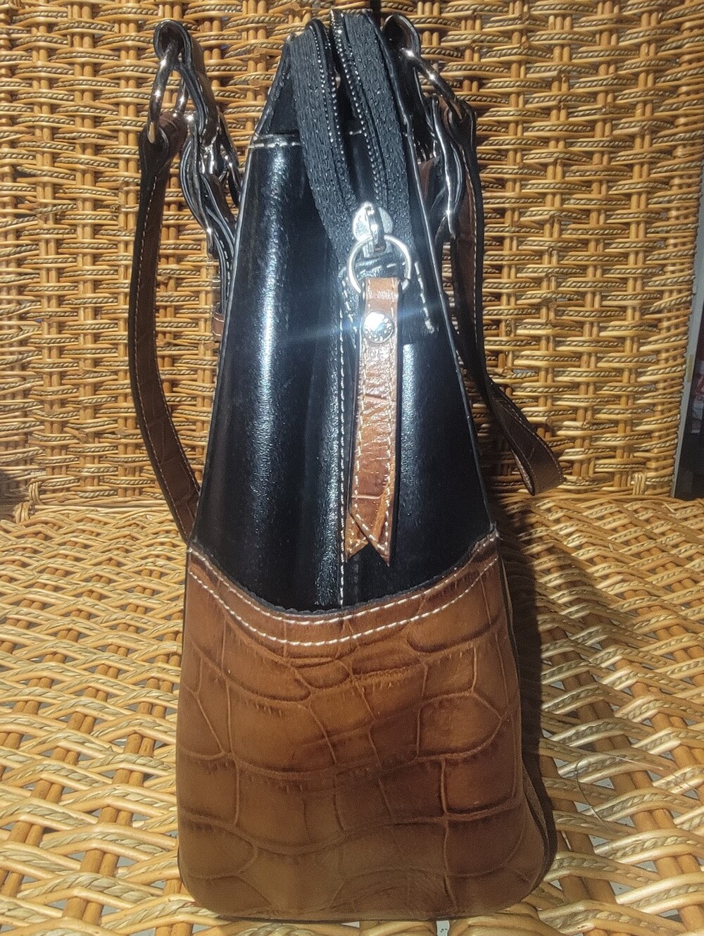 Fossil Black Brown Leather Handbag Computer Briefcase Croc Satchel W/ Key - Picture 3 of 10